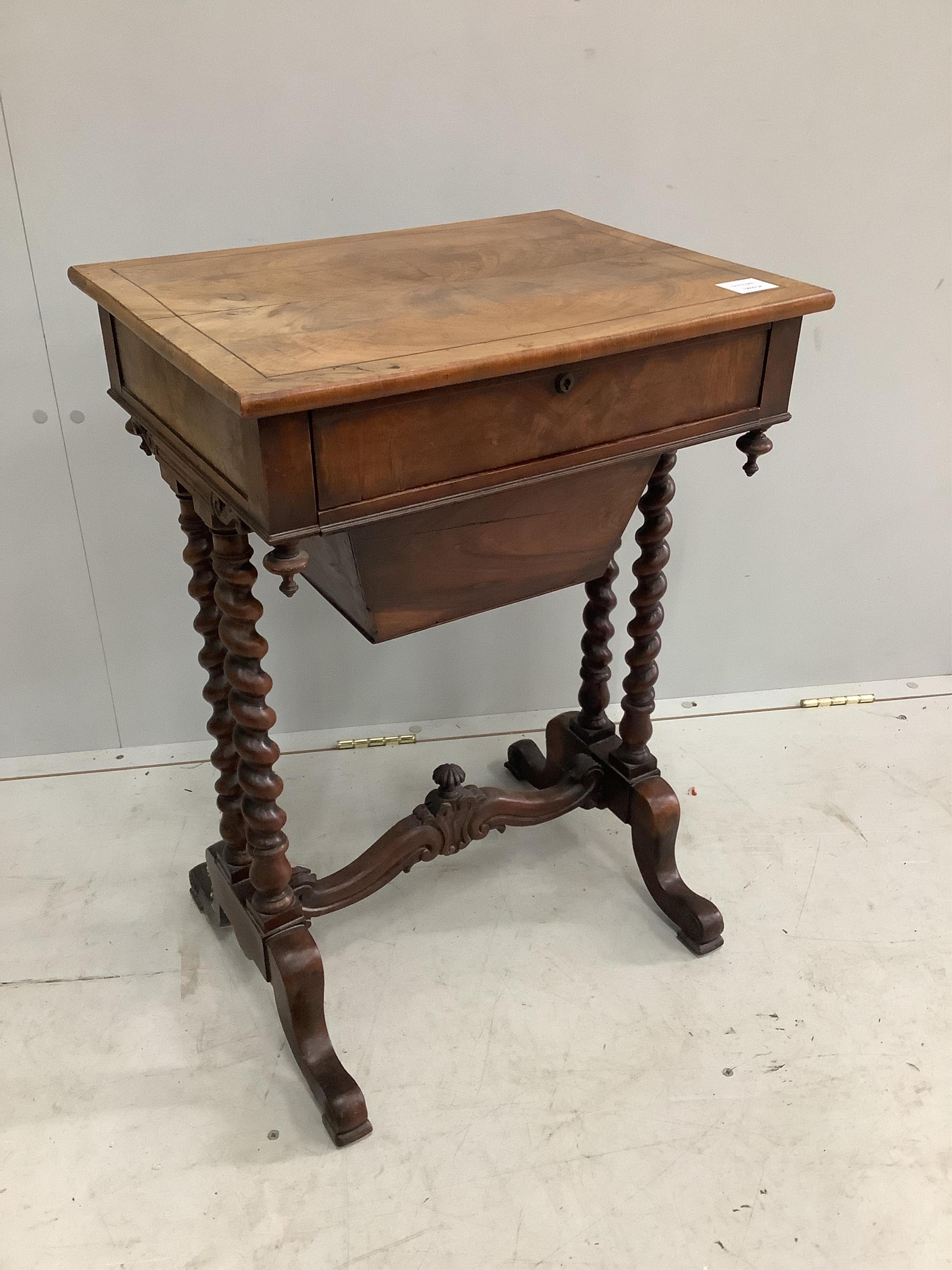 An early Victorian mahogany work table, width 50cm, depth 38cm, height 71cm. Condition - fair